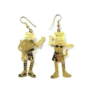 Vintage Mervyn’s Cat Earrings Gold Tone Rock Band Articulated Dangle 80s 90s
